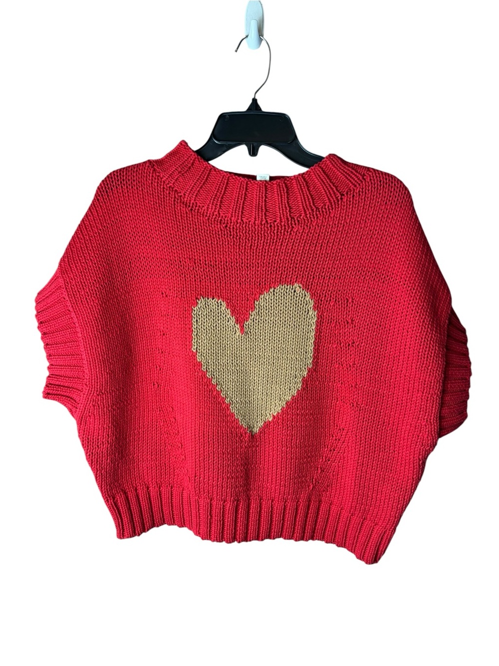 Maeve Heart Pippa Mock Neck Sweater Red Tan Short Sleeve Crop XL